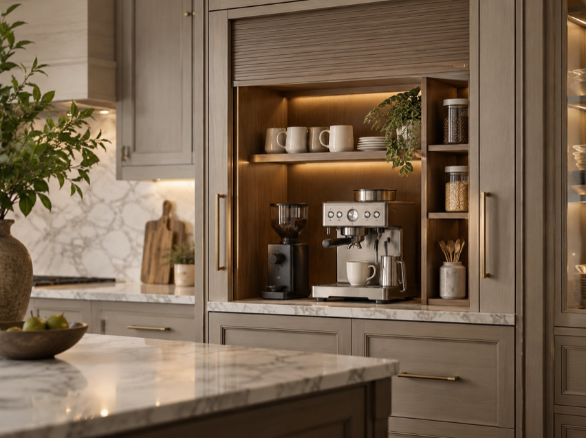 Custom Appliance Garages & Coffee Bars Custom appliance garage and coffee bar cabinet with concealed storage