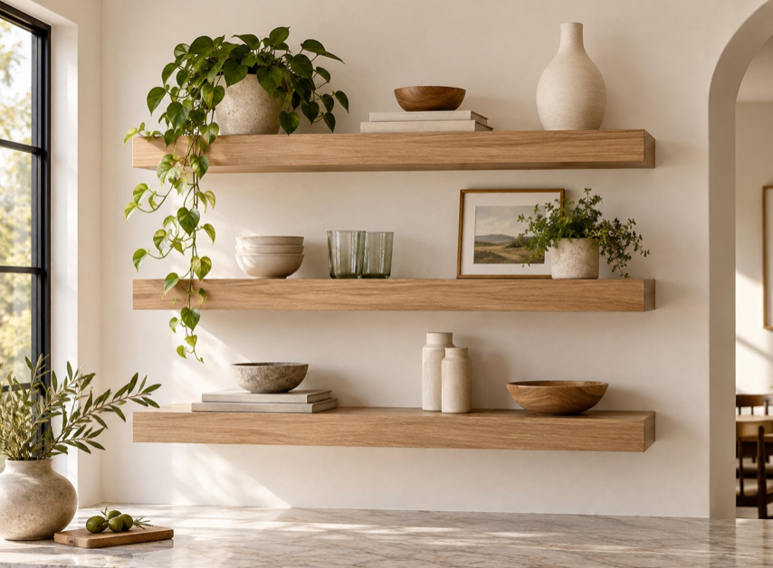 Custom White Oak Floating Shelves Custom white oak floating shelves with concealed mounting hardware.