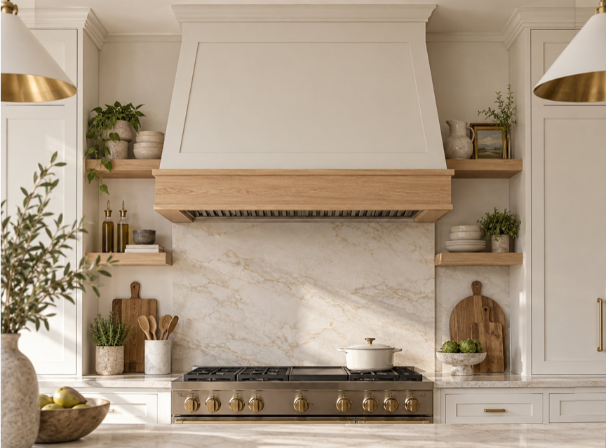 Custom Wood Range Hoods Custom architectural wood range hood with white oak detailing