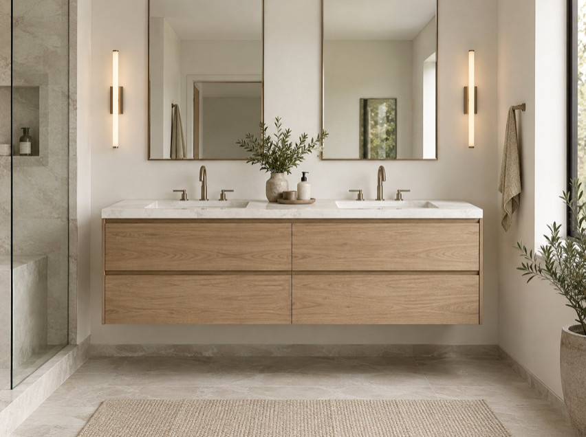 White Oak Floating Vanities Modern white oak floating vanity with slab drawer fronts